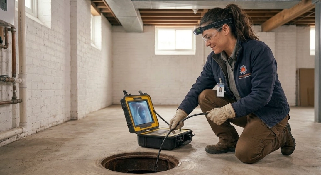 Licensed plumber feeding high-definition sewer camera inspection line into cleanout access port