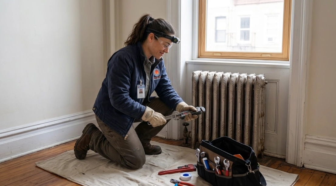 Licensed technician repacking and replacing an angle radiator shutoff valve on a cast-iron steam radiator